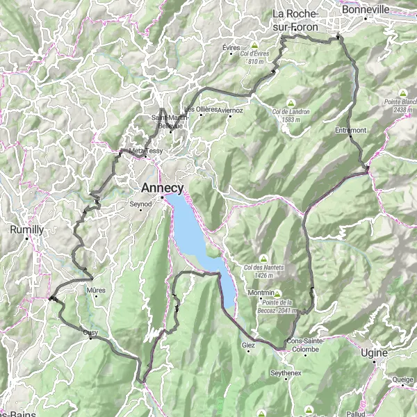 Zemljevid v pomanjšavi "Cestna Kolesarska Pot skozi Col de la Frétallaz in Col des Marais" kolesarske inspiracije v Rhône-Alpes, France. Generirano z načrtovalcem kolesarskih poti Tarmacs.app