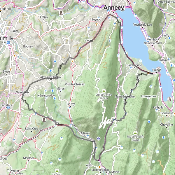 Map miniature of "Short and Scenic Sevrier Loop" cycling inspiration in Rhône-Alpes, France. Generated by Tarmacs.app cycling route planner