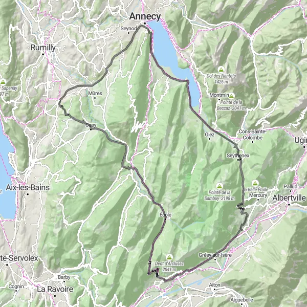 Mapa miniatúra "Náročná cyklotrasa s výhľadmi" cyklistická inšpirácia v Rhône-Alpes, France. Vygenerované cyklistickým plánovačom trás Tarmacs.app