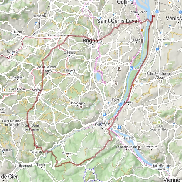 Map miniature of "Exploring Ancient Villages" cycling inspiration in Rhône-Alpes, France. Generated by Tarmacs.app cycling route planner