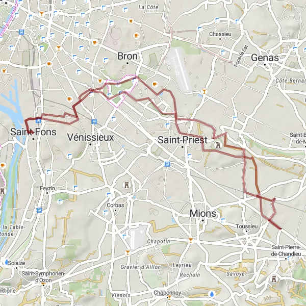 Miniatua del mapa de inspiración ciclista "Ruta de Grava hacia Saint-Priest y Bron" en Rhône-Alpes, France. Generado por Tarmacs.app planificador de rutas ciclistas