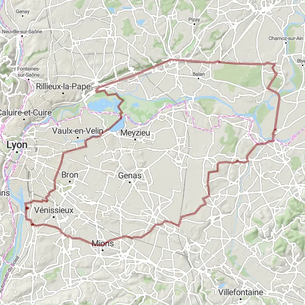 Miniatua del mapa de inspiración ciclista "Ruta de Grava a Décines-Charpieu" en Rhône-Alpes, France. Generado por Tarmacs.app planificador de rutas ciclistas