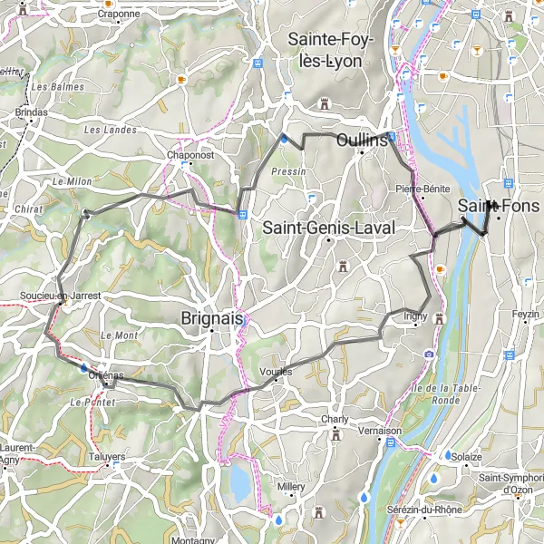 Miniatura della mappa di ispirazione al ciclismo "Giro in bicicletta da Saint-Fons a Vourles, Chaponost e Oullins" nella regione di Rhône-Alpes, France. Generata da Tarmacs.app, pianificatore di rotte ciclistiche