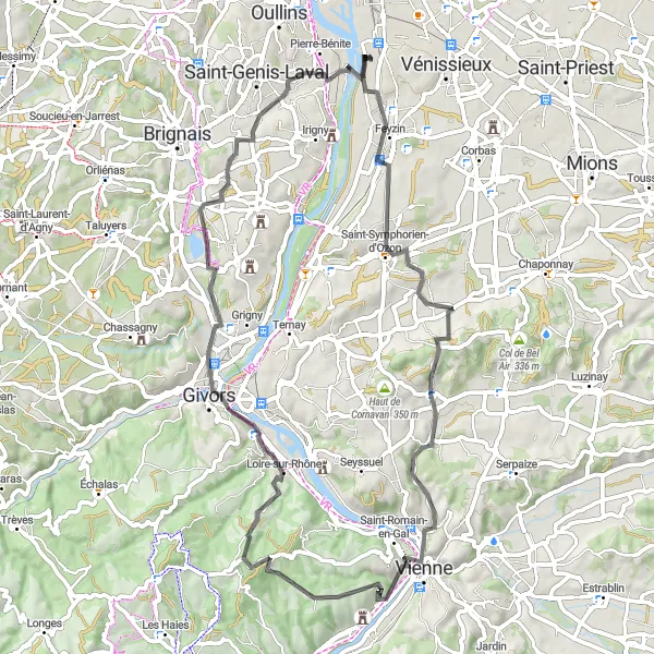 Map miniature of "Rhône River Loop" cycling inspiration in Rhône-Alpes, France. Generated by Tarmacs.app cycling route planner