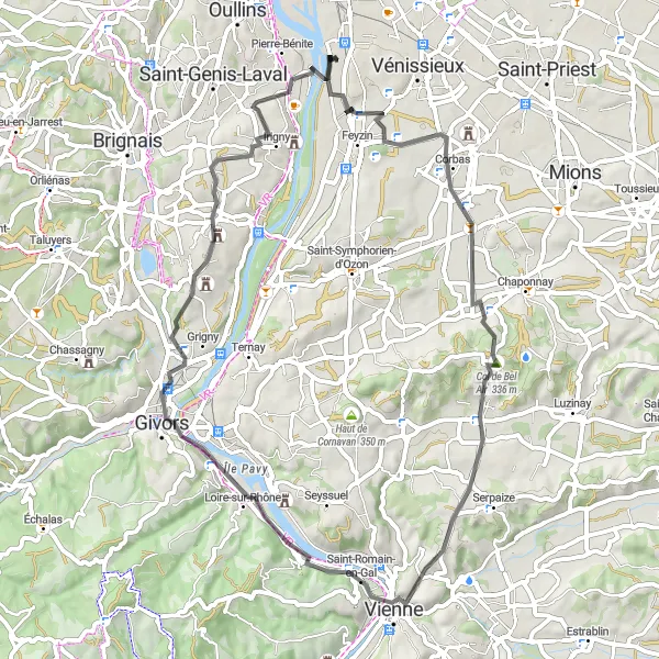 Miniatua del mapa de inspiración ciclista "Ruta de Carretera a través de Vienne y Givors" en Rhône-Alpes, France. Generado por Tarmacs.app planificador de rutas ciclistas
