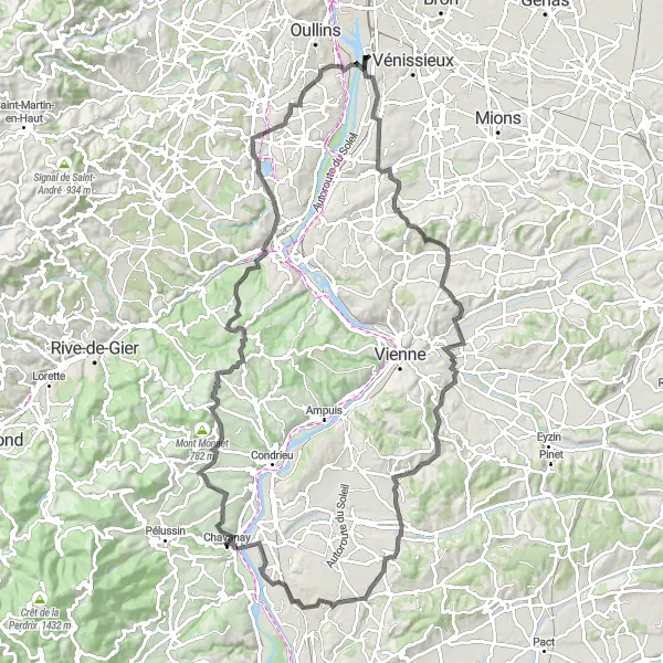 Miniatura della mappa di ispirazione al ciclismo "Il Giro delle Colline del Rodano" nella regione di Rhône-Alpes, France. Generata da Tarmacs.app, pianificatore di rotte ciclistiche