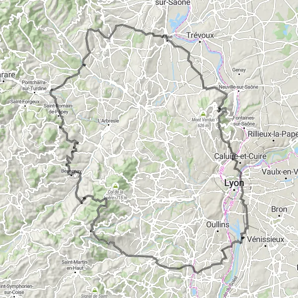 Miniatura della mappa di ispirazione al ciclismo "La Grande Traversata delle Colline di Rodano-Alpi" nella regione di Rhône-Alpes, France. Generata da Tarmacs.app, pianificatore di rotte ciclistiche