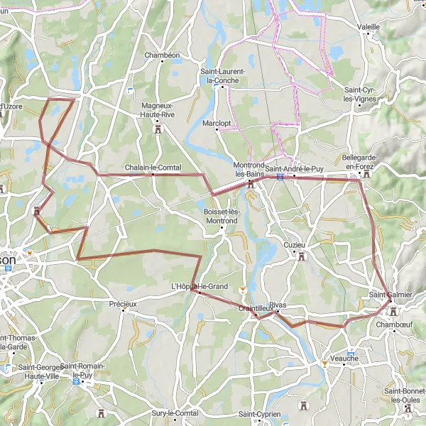 Miniatuurkaart van de fietsinspiratie "Ontdek de natuurlijke schoonheid van Mornand-en-Forez" in Rhône-Alpes, France. Gemaakt door de Tarmacs.app fietsrouteplanner