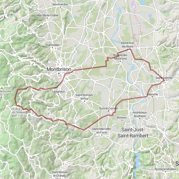 Kartminiatyr av "Gruskjøring rundt Saint-Galmier" sykkelinspirasjon i Rhône-Alpes, France. Generert av Tarmacs.app sykkelrutoplanlegger