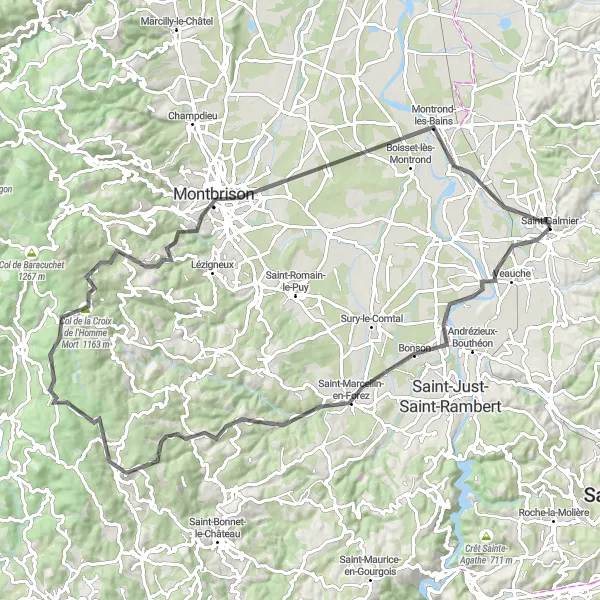 Miniatua del mapa de inspiración ciclista "Ruta de ciclismo de carretera con colinas desde Saint-Galmier" en Rhône-Alpes, France. Generado por Tarmacs.app planificador de rutas ciclistas