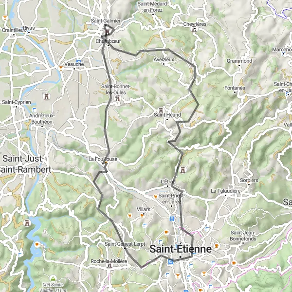 Zemljevid v pomanjšavi "Razgibana cestna pot v bližini Saint-Galmierja" kolesarske inspiracije v Rhône-Alpes, France. Generirano z načrtovalcem kolesarskih poti Tarmacs.app