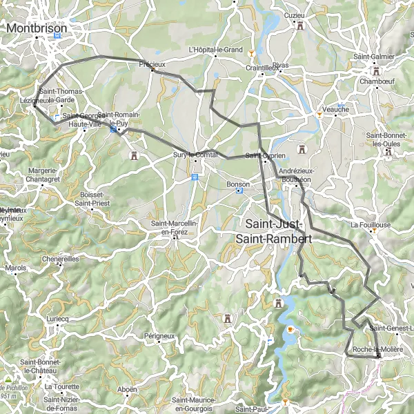 Zemljevid v pomanjšavi "Pitoreskna kolesarska pot v bližini Saint-Genest-Lerpt" kolesarske inspiracije v Rhône-Alpes, France. Generirano z načrtovalcem kolesarskih poti Tarmacs.app