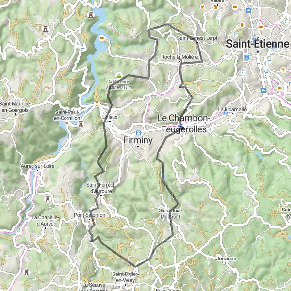 Kartminiatyr av "Historisk Rute til Saint-Genest-Lerpt" sykkelinspirasjon i Rhône-Alpes, France. Generert av Tarmacs.app sykkelrutoplanlegger