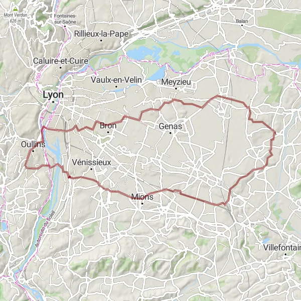 Mapa miniatúra "Gravelová odysea" cyklistická inšpirácia v Rhône-Alpes, France. Vygenerované cyklistickým plánovačom trás Tarmacs.app