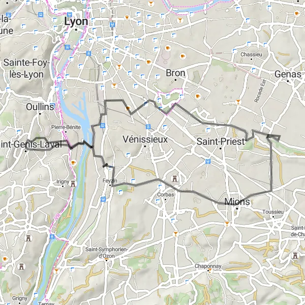 Miniaturní mapa "Zajímavá okružní trasa blízko Saint-Genis-Laval" inspirace pro cyklisty v oblasti Rhône-Alpes, France. Vytvořeno pomocí plánovače tras Tarmacs.app