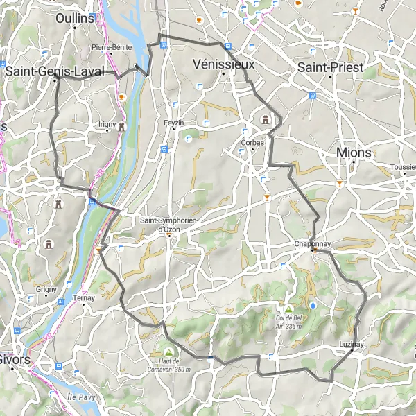 Miniatura della mappa di ispirazione al ciclismo "Giro in bicicletta su strada da Saint-Genis-Laval" nella regione di Rhône-Alpes, France. Generata da Tarmacs.app, pianificatore di rotte ciclistiche