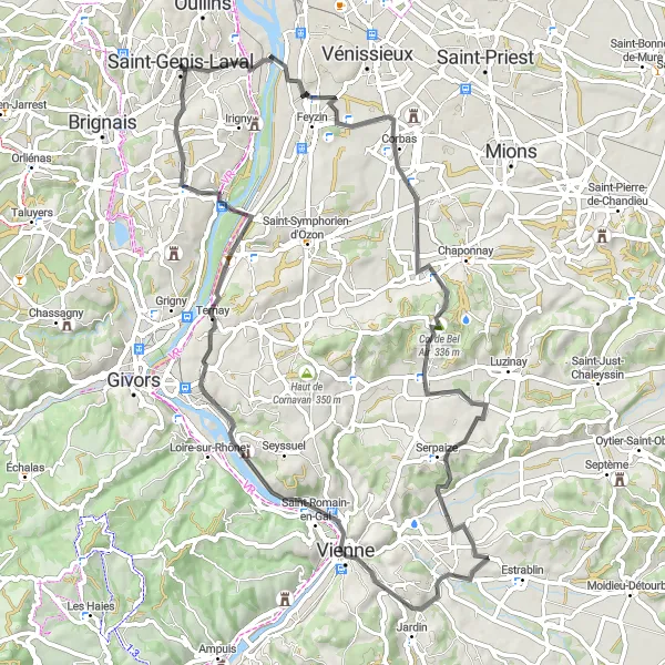 Map miniature of "Bel Air and River Views" cycling inspiration in Rhône-Alpes, France. Generated by Tarmacs.app cycling route planner