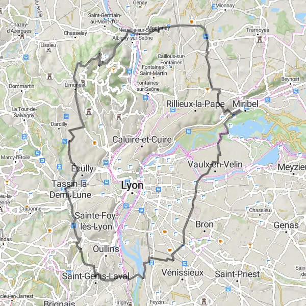 Mapa miniatúra "Z Saint-Genis-Laval do okolitých hôr" cyklistická inšpirácia v Rhône-Alpes, France. Vygenerované cyklistickým plánovačom trás Tarmacs.app