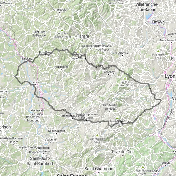 Kartminiatyr av "Episk landevei eventyr rundt Saint-Genis-Laval" sykkelinspirasjon i Rhône-Alpes, France. Generert av Tarmacs.app sykkelrutoplanlegger