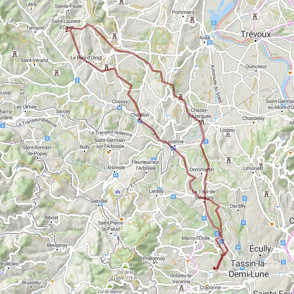 Mapa miniatúra "Gravelová túra cez Oingt" cyklistická inšpirácia v Rhône-Alpes, France. Vygenerované cyklistickým plánovačom trás Tarmacs.app