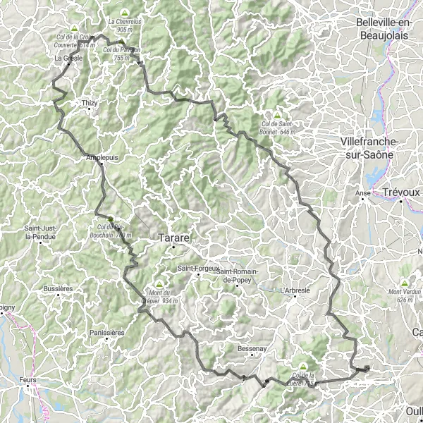 Zemljevid v pomanjšavi "Kolesarska pot okoli Saint-Genis-les-Ollières (cesta)" kolesarske inspiracije v Rhône-Alpes, France. Generirano z načrtovalcem kolesarskih poti Tarmacs.app