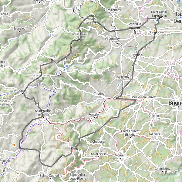 Zemljevid v pomanjšavi "Kolesarska pot okoli Saint-Genis-les-Ollières (cesta)" kolesarske inspiracije v Rhône-Alpes, France. Generirano z načrtovalcem kolesarskih poti Tarmacs.app