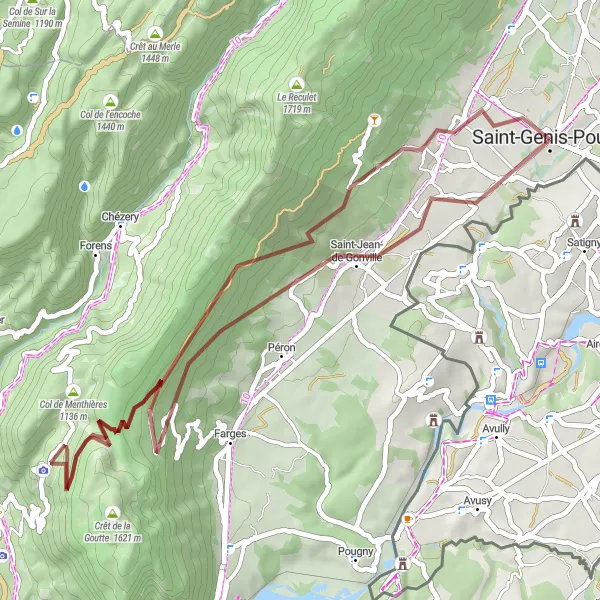 Miniature de la carte de l'inspiration cycliste "Tour de Thoiry en Gravel" dans la Rhône-Alpes, France. Générée par le planificateur d'itinéraire cycliste Tarmacs.app