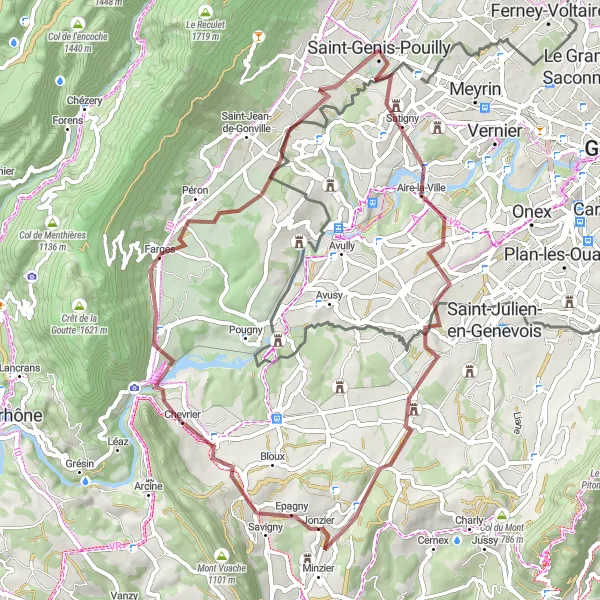 Miniature de la carte de l'inspiration cycliste "Boucle des Montagnes Gravel" dans la Rhône-Alpes, France. Générée par le planificateur d'itinéraire cycliste Tarmacs.app