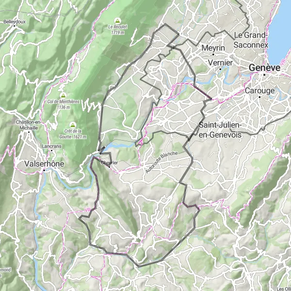 Kartminiatyr av "Rundtur fra Saint-Genis-Pouilly" sykkelinspirasjon i Rhône-Alpes, France. Generert av Tarmacs.app sykkelrutoplanlegger