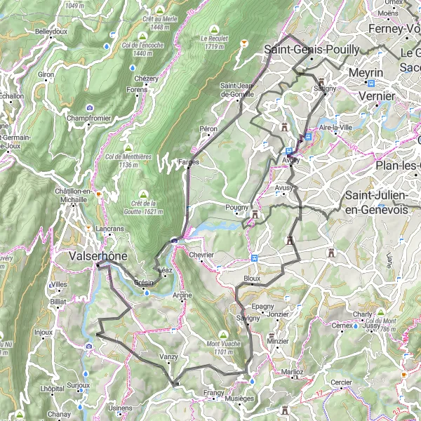 Miniature de la carte de l'inspiration cycliste "Vallée de l'Albarine" dans la Rhône-Alpes, France. Générée par le planificateur d'itinéraire cycliste Tarmacs.app