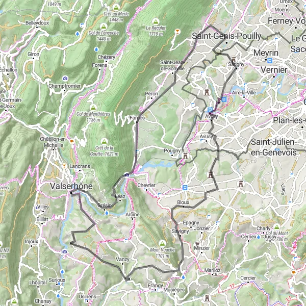 Miniatuurkaart van de fietsinspiratie "Fietsen langs Saint-Genis-Pouilly" in Rhône-Alpes, France. Gemaakt door de Tarmacs.app fietsrouteplanner