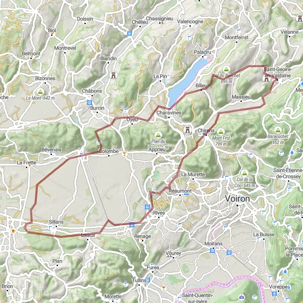 Kartminiatyr av "Grusväg cykeltur runt Saint-Geoire-en-Valdaine" cykelinspiration i Rhône-Alpes, France. Genererad av Tarmacs.app cykelruttplanerare