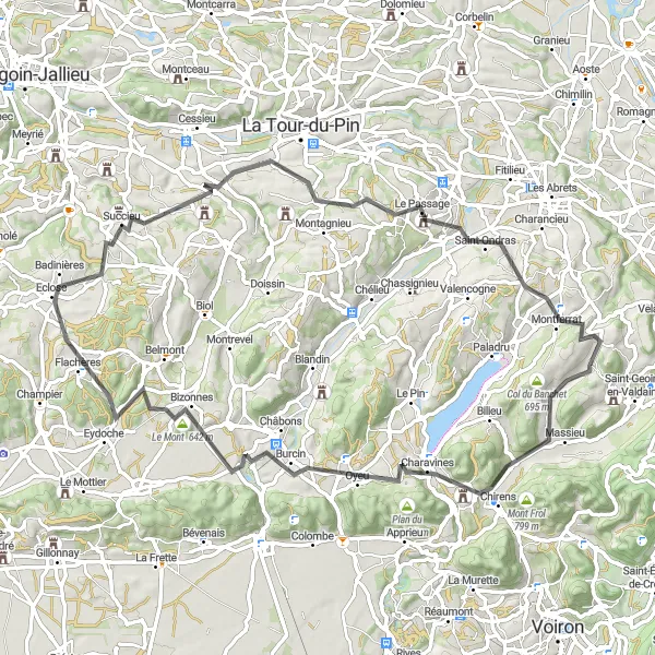 Miniatua del mapa de inspiración ciclista "Ruta de Carretera a través de Saint-Geoire-en-Valdaine" en Rhône-Alpes, France. Generado por Tarmacs.app planificador de rutas ciclistas