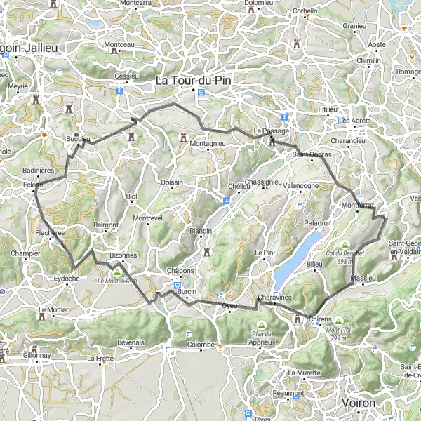 Miniature de la carte de l'inspiration cycliste "Escapade à travers la campagne rhônalpine" dans la Rhône-Alpes, France. Générée par le planificateur d'itinéraire cycliste Tarmacs.app