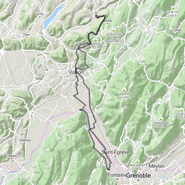 Karttaminiaatyyri "Maantiepyöräreitti lähtöpaikan lähellä" pyöräilyinspiraatiosta alueella Rhône-Alpes, France. Luotu Tarmacs.app pyöräilyreittisuunnittelijalla