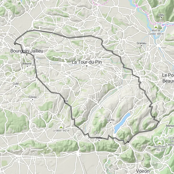 Mapa miniatúra "Okruh kolem Saint-Geoire-en-Valdaine" cyklistická inšpirácia v Rhône-Alpes, France. Vygenerované cyklistickým plánovačom trás Tarmacs.app