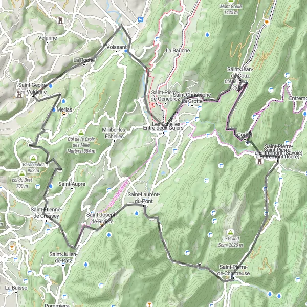 Mapa miniatúra "Cyklotrasa okolo Saint-Bueil a Entre-deux-Guiers" cyklistická inšpirácia v Rhône-Alpes, France. Vygenerované cyklistickým plánovačom trás Tarmacs.app