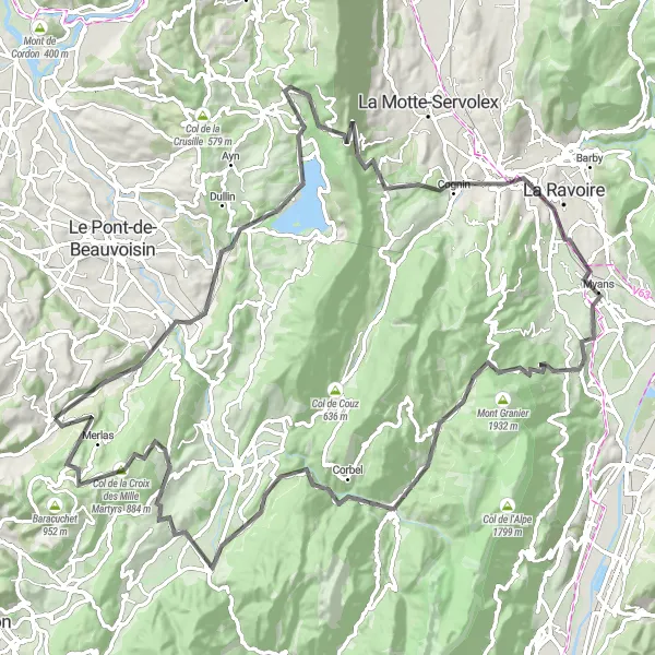 Miniatura mapy "Trasa z Saint-Geoire-en-Valdaine przez Chambéry i Col du Granier" - trasy rowerowej w Rhône-Alpes, France. Wygenerowane przez planer tras rowerowych Tarmacs.app