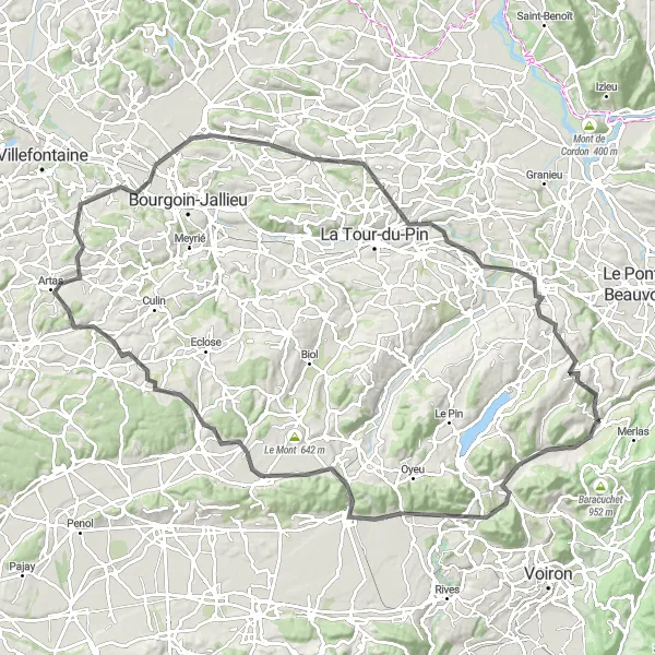 Miniatura della mappa di ispirazione al ciclismo "Tour panoramico intorno a Saint-Geoire-en-Valdaine" nella regione di Rhône-Alpes, France. Generata da Tarmacs.app, pianificatore di rotte ciclistiche