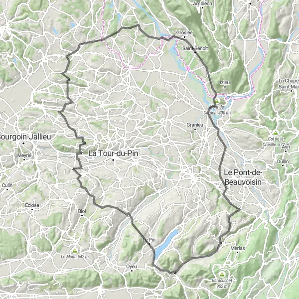 Miniature de la carte de l'inspiration cycliste "Tour des Lacs" dans la Rhône-Alpes, France. Générée par le planificateur d'itinéraire cycliste Tarmacs.app