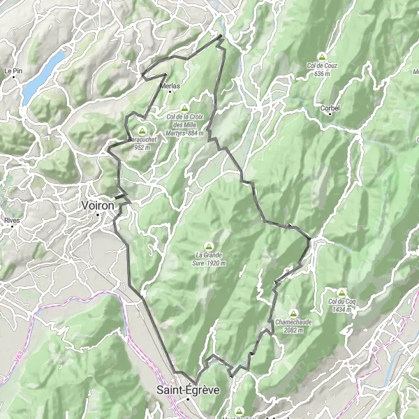 Zemljevid v pomanjšavi "Od Saint-Bueil do Baracucheta" kolesarske inspiracije v Rhône-Alpes, France. Generirano z načrtovalcem kolesarskih poti Tarmacs.app