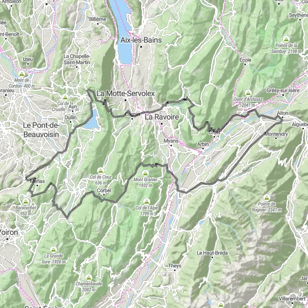 Karttaminiaatyyri "Haastava reitti kohti Saint-Geoire-en-Valdainea" pyöräilyinspiraatiosta alueella Rhône-Alpes, France. Luotu Tarmacs.app pyöräilyreittisuunnittelijalla