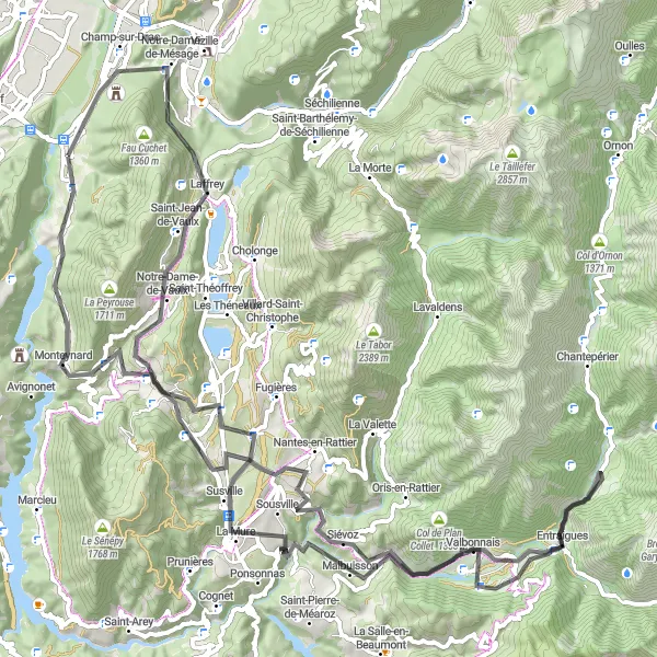 Map miniature of "Grip the Conqueror's Route" cycling inspiration in Rhône-Alpes, France. Generated by Tarmacs.app cycling route planner