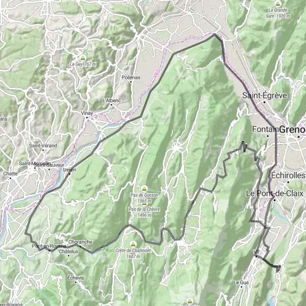 Miniatua del mapa de inspiración ciclista "Aventura Escénica por Carretera" en Rhône-Alpes, France. Generado por Tarmacs.app planificador de rutas ciclistas