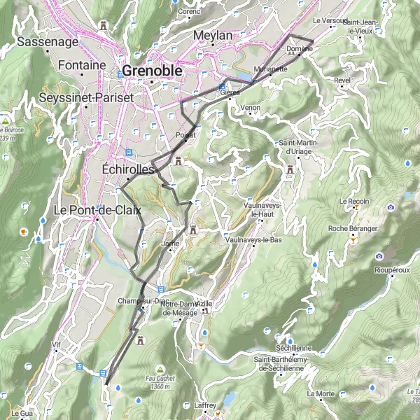Miniaturekort af cykelinspirationen "Rundtur til Gières og Saint-Martin-d'Hères" i Rhône-Alpes, France. Genereret af Tarmacs.app cykelruteplanlægger