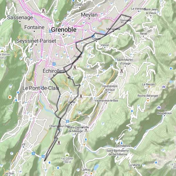 Zemljevid v pomanjšavi "Raziskovanje podeželja" kolesarske inspiracije v Rhône-Alpes, France. Generirano z načrtovalcem kolesarskih poti Tarmacs.app