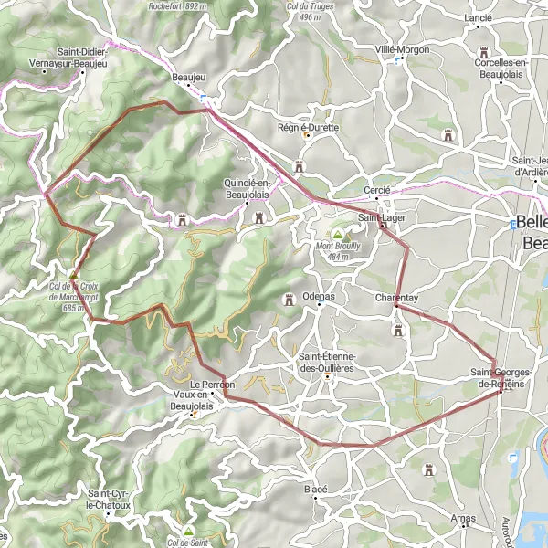 Zemljevid v pomanjšavi "Odkrijte lepote Mont Brouilly in Cercié" kolesarske inspiracije v Rhône-Alpes, France. Generirano z načrtovalcem kolesarskih poti Tarmacs.app