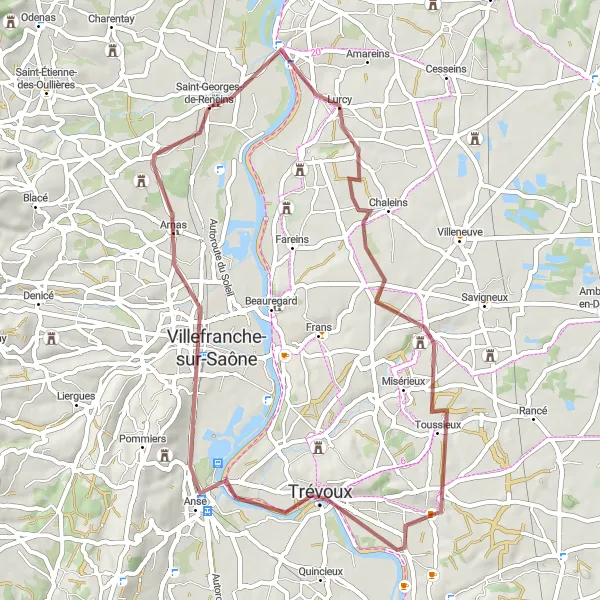 Miniatua del mapa de inspiración ciclista "Ruta de Grava hacia Villefranche-sur-Saône" en Rhône-Alpes, France. Generado por Tarmacs.app planificador de rutas ciclistas