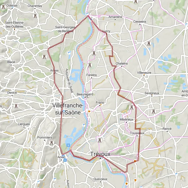 Miniatuurkaart van de fietsinspiratie "Gravelroute naar Villefranche-sur-Saône" in Rhône-Alpes, France. Gemaakt door de Tarmacs.app fietsrouteplanner