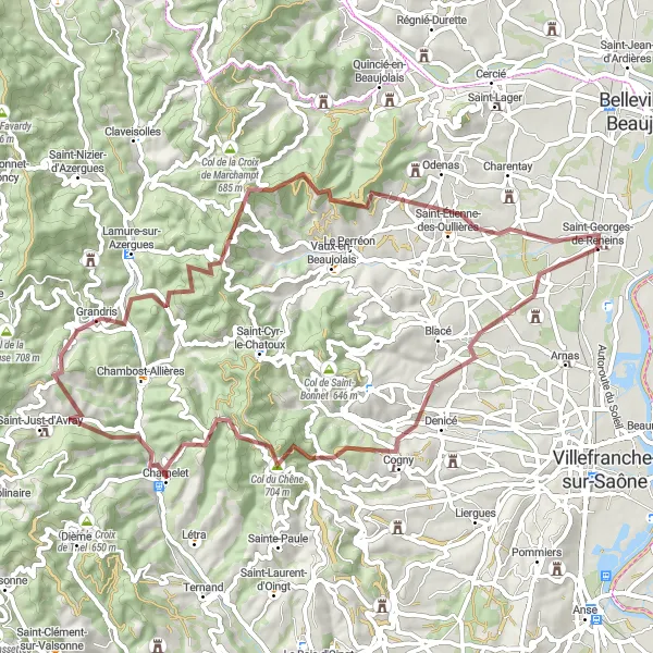 Karttaminiaatyyri "Kukkulainen seikkailu" pyöräilyinspiraatiosta alueella Rhône-Alpes, France. Luotu Tarmacs.app pyöräilyreittisuunnittelijalla